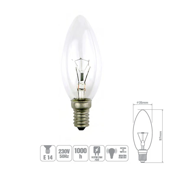 ŻARÓWKA WSTRZĄSOODPORNA CLIS-25CL 25W E14 ŚWIECA PRZEZROCZYSTA