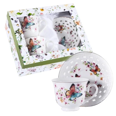 KOMPLET FILIŻANEK ZE SPODKAMI DO KAWY HERBATY ZESTAW 6 OSÓB PORCELANA