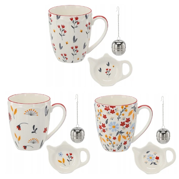 KUBEK DO KAWY HERBATY PORCELANOWY + ZAPARZACZ Z PODSTAWĄ KWIATY 350ml