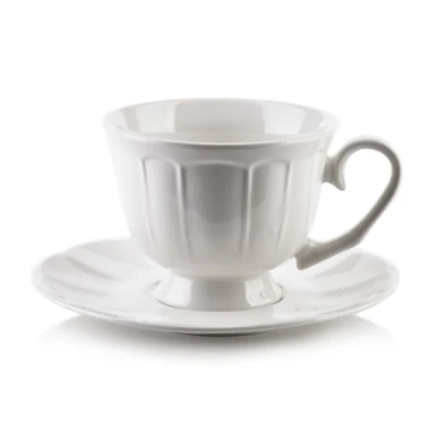 FILIŻANKA ZE SPODKIEM PORCELANOWA BIAŁA POJEMNOŚĆ 250 ML ELEGANCKA ZESTAW