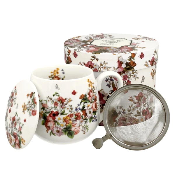 DUO-KUBEK Z ZAPARZACZEM 430ML *VINTAGE FLOWERS-WHITE*