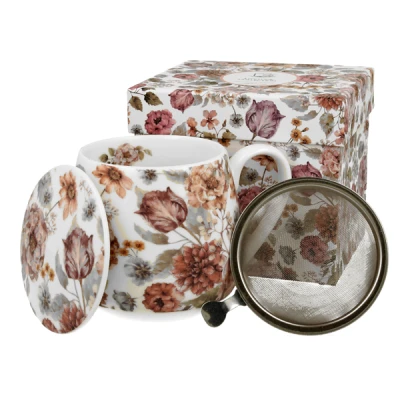 DUO-KUBEK BARYŁKA Z ZAPARZACZEM *PASTEL FLOWERS-WHITE*