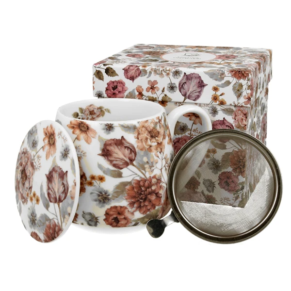 DUO-KUBEK BARYŁKA Z ZAPARZACZEM *PASTEL FLOWERS-WHITE*