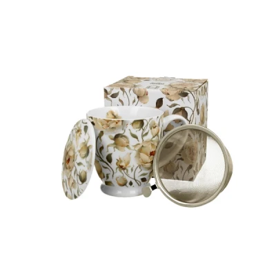 DUO-KUBEK Z ZAPARZACZEM NA STOPCE *ENGLISH ROSES WHITE*