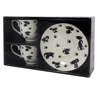 DUO-KOMPLET FILIŻANEK 2+2 ZE SPODKAMI *KOTY CZARNE*