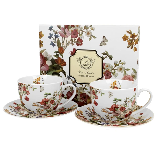 DUO-KOMPLET FILIŻANEK 2+2 ZE SPODKAMI *VINTAGE FLOWERS-WHITE*