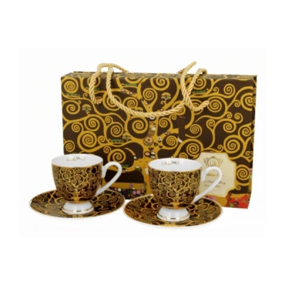 DUO-KPL. FILIŻANEK 2+2 ZE SPODKAMI ESPRESSO *TREE OF LIFE G.KLIMT* GOLDEN LINE