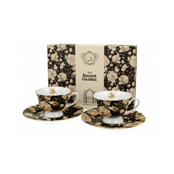 DUO-KOMPLET FILIŻANEK 2+2 ZE SPODKAMI ESPRESSO *ENGLISH ROSES BLACK*
