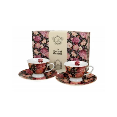 DUO-KOMPLET FILIŻANEK 2+2 ZE SPODKAMI ESPRESSO *SPRING ROSES BLACK*