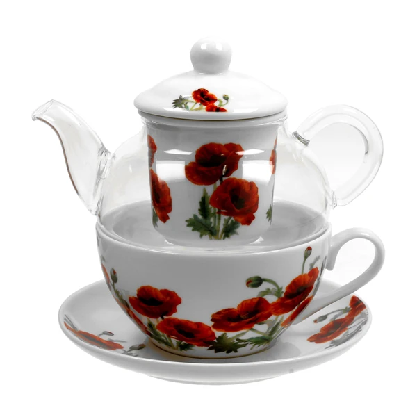 DUO-SZKLANY DZBANEK Z PORCELANOWĄ FILIŻANKĄ I FILTREM *CLASSIC POPPIES*