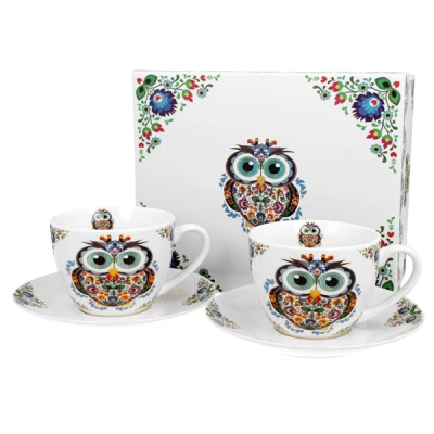 DUO-KOMPLET FILIŻANEK 2+2 ZE SPODKAMI 280ML *SOWA ETNO*