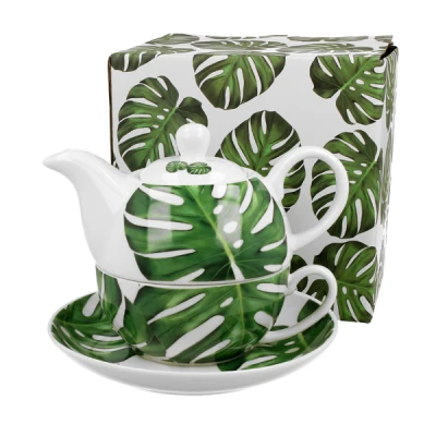 DUO-DZBANEK PORCELANOWY DO HERBATY Z ZAPARZACZEM  *MONSTERA*