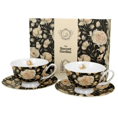 DUO-KOMPLET FILIŻANEK 2+2 ZE SPODKAMI *ENGLISH ROSES BLACK*
