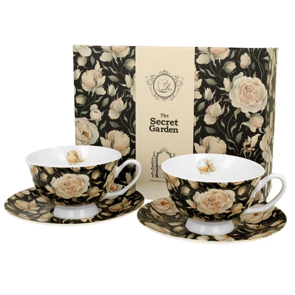 DUO-KOMPLET FILIŻANEK 2+2 ZE SPODKAMI *ENGLISH ROSES BLACK*