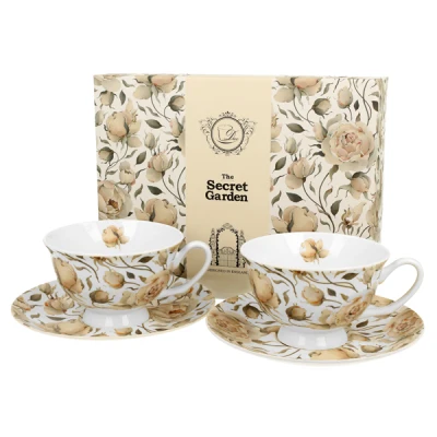 DUO-KOMPLET FILIŻANEK 2+2 ZE SPODKAMI ROYAL *ENGLISH ROSES WHITE*