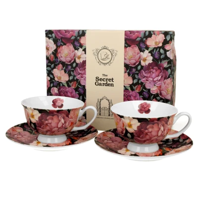 DUO-KOMPLET FILIŻANEK 2+2 ZE SPODKAMI ROYAL *SPRING ROSES BLACK*