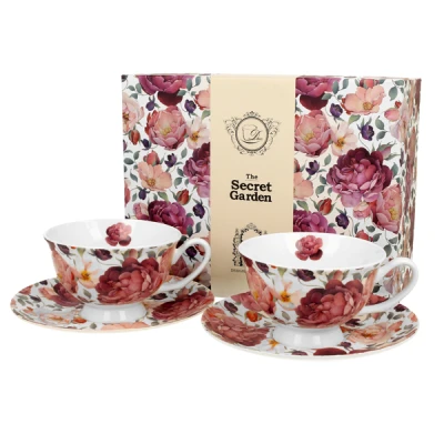 DUO-KOMPLET FILIŻANEK 2+2 ZE SPODKAMI ROYAL *SPRING ROSES WHITE*