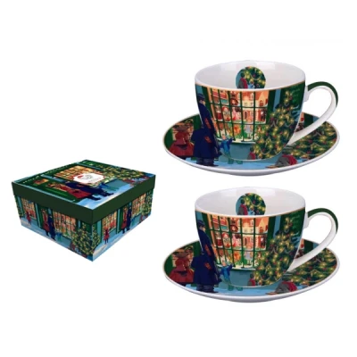 FILIŻANKI ŚWIĄTECZNE ZE SPODKAMI PORCELANA ZESTAW 4 ELEMENTY 2x2