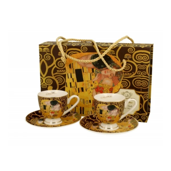 DUO-KPL. FILIŻANEK 2+2 ZE SPODKAMI ESPRESSO *KISS BROWN G.KLIMT* GOLDEN LINE