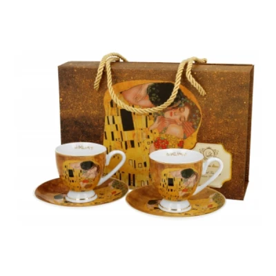 DUO-KPL. FILIŻANEK 2+2 ZE SPODKAMI ESPRESSO *KISS CLASSIC G.KLIMT* GOLDEN LINE