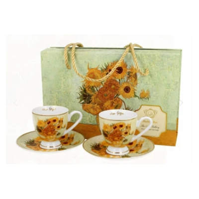 DUO-KPL. FILIŻANEK 2+2 ZE SPODKAMI ESPRESSO *SUNFLOWERS* VAN GOGH GOLDEN LINE