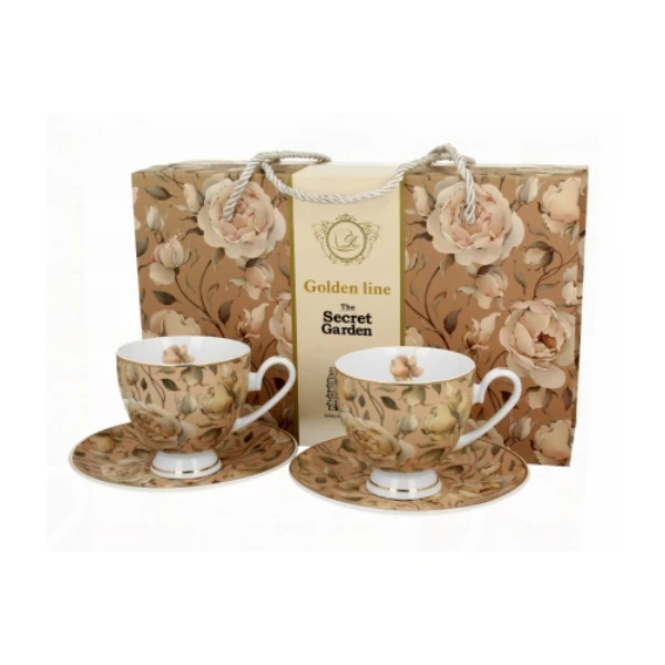 DUO-KPL. FILIŻANEK 2+2 ZE SPODKAMI *ENGLISH ROSES CREAM* GOLDEN LINE