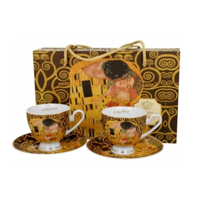 DUO-KPL. FILIŻANEK 2+2 ZE SPODKAMI *KISS BROWN G.KLIMT* GOLDEN LINE