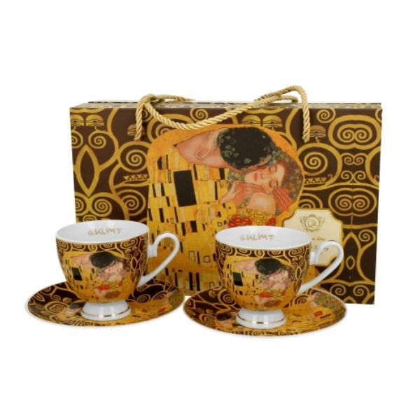 DUO-KPL. FILIŻANEK 2+2 ZE SPODKAMI *KISS BROWN G.KLIMT* GOLDEN LINE