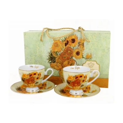DUO-KPL. FILIŻANEK 2+2 ZE SPODKAMI *SUNFLOWERS* VAN GOGH GOLDEN LINE