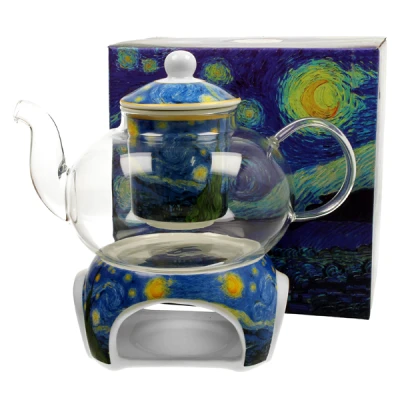 DUO-SZKLANY DZBANEK NA PORCELANOWYM PODGRZEWACZU  *VINCENT VAN GOGH-STARRY NIGHT*