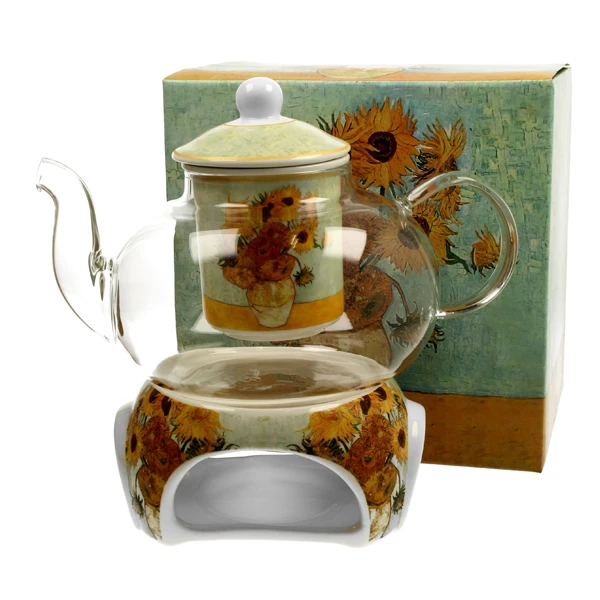 DUO-SZKLANY DZBANEK NA PORCELANOWYM PODGRZEWACZU *SUNFLOWERS*